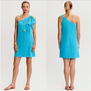 Banana Republic x Trina Turk Vintage Summer Blue Silk One Shoulder Dress 6 new